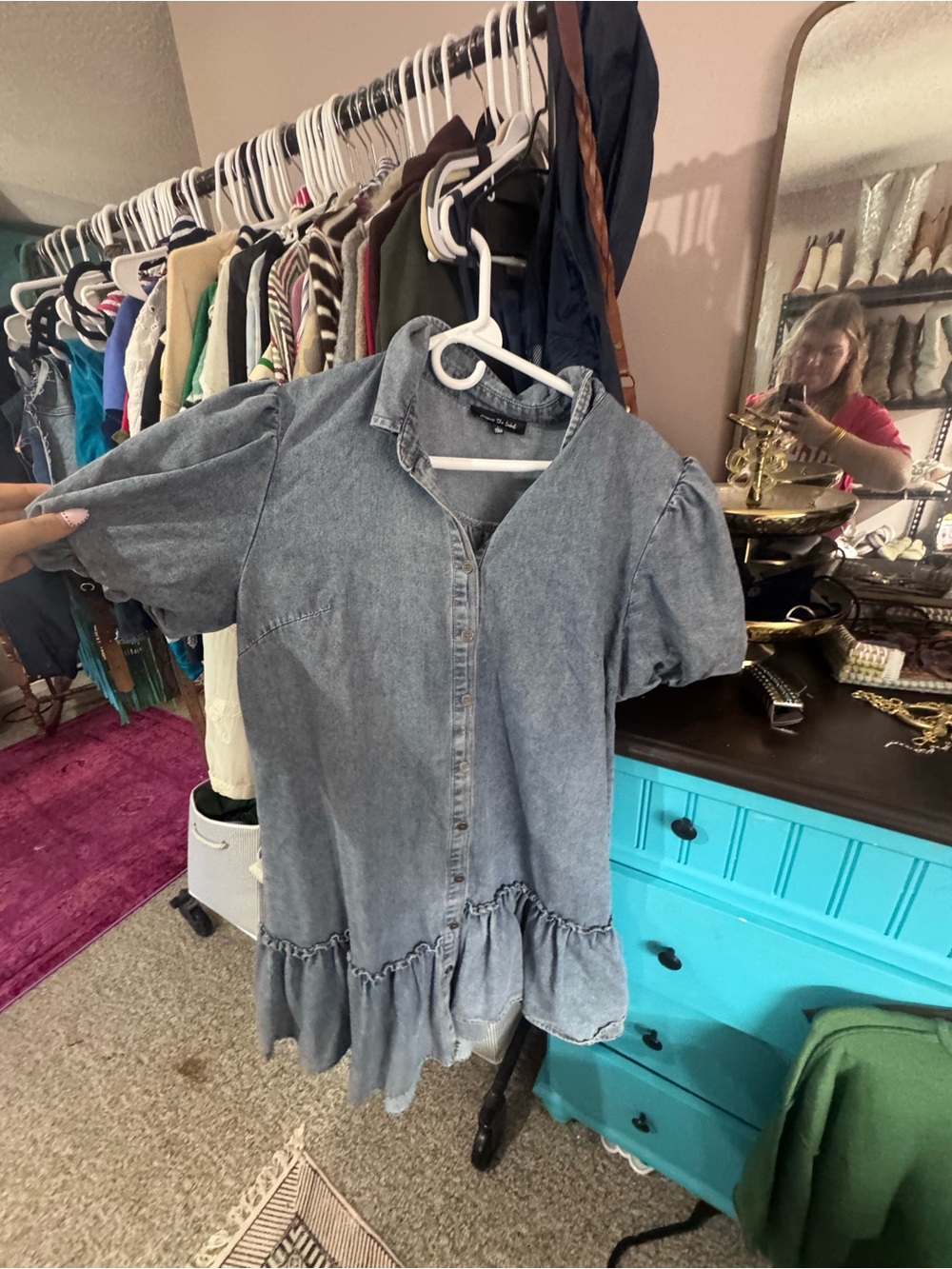 Jacqui E Light Blue Denim Peplum Button-Down dress